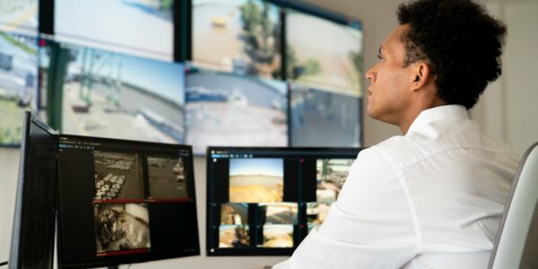 A Man Monitoring Security Cameras